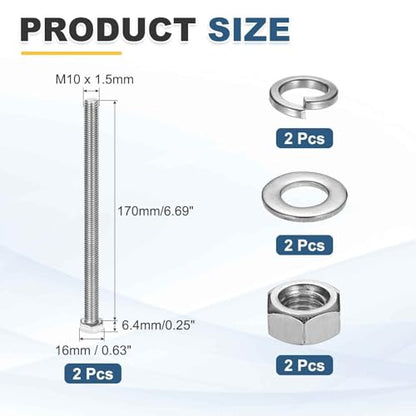 MECCANIXITY M10 x 170mm 304 Stainless Steel Hex Head Screws Bolts, Nuts, Flat & Lock Washers Assortment Kit, Fully Threaded, Bright Finish for Home, Electronic, Machine, 2 Sets - size: M10 x 170mm
