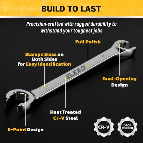 ELEAD 14-Piece Flare Nut Wrench Set with PTFE Tape, Metric & SAE 1/4"-7/8"& 6-21mm, Brake Line Wrench Set Double Open End with Organizer Pouch for Repairing and Removing Nuts - color: Silver