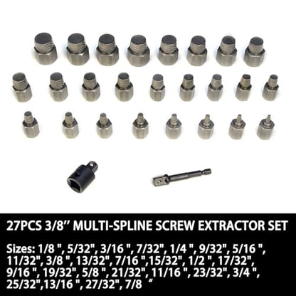 27-Pieces Double Head Screw Extractor Set, Easy Out Bolt Extractor Remover Kit, Hex Head Multi-Spline Stripped Rounded Damaged Broken Screw Removal