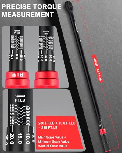 Atsafepro 3/4 Torque Wrench 100-850 Ft-Lb -±3% Accuracy, 47.3" Long Handle, 48-Tooth Reversible Ratchet, Cr-V Steel, Dual Scale,3/4" Drive Click Heavy Duty Torque Wrench for Industrial, Truck, Turbine - style: 3/4" 100-850 FT.LB Torque Wrench