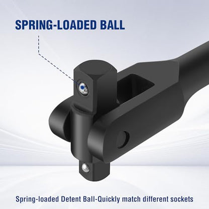 WORKPRO 16-inch Dual Drive Breaker Bar, 3/8" & 1/2" Drive, Heavy Duty Breaker Bars with 360° Flex Head, Spring-loaded Detent Ball, CR-MO Head, Premium Chrome Vanadium Steel with Black Phosphate Finish - color: Black, size: 16" × Dual Drive 3/8"+1/2"