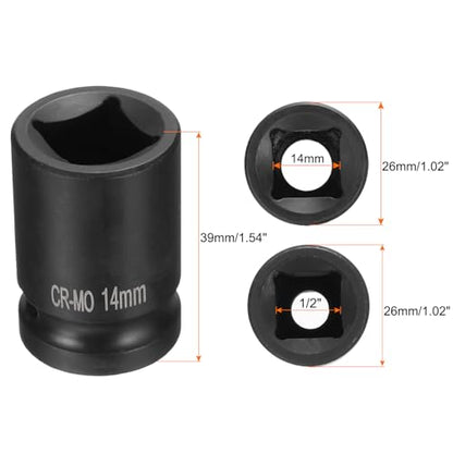 HARFINGTON 2pcs 4 Point Square Socket 1/2" Drive 14mm Metric Square Impact Socket CR-MO Blackening Standard Wheel Sockets Pneumatic Socket Tool for Auto Repair Mechanical Maintenance Home Use - size: 14mm
