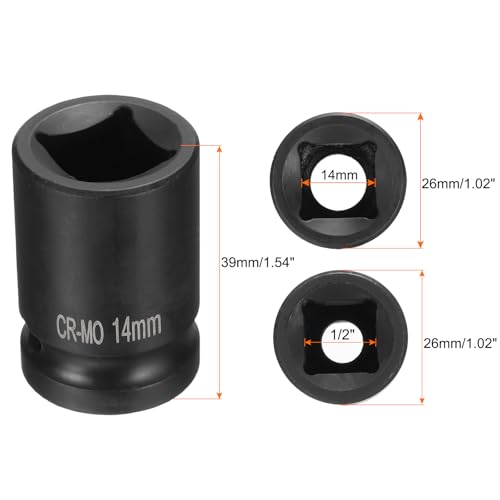HARFINGTON 4 Point Square Socket 1/2" Drive 14mm Metric Square Impact Socket CR-MO Blackening Standard Wheel Sockets Pneumatic Socket Tool for Auto Repair Mechanical Maintenance Home Use - size: 14mm