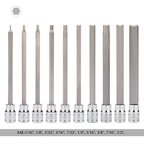 EMENTOL 10PCS 3/8" Drive Long Hex Bit Socket Set, CR-V, S2 Steel, SAE, Length 5.9-Inch, Extra Long Allen Hex Bit Socket Set, 1/16 Inch - 1/2 Inch - size: 10 PCS (1/16 Inch - 1/2 Inch, 1.6mm - 12.7mm)