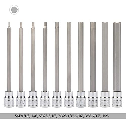EMENTOL 10PCS 3/8" Drive Long Hex Bit Socket Set, CR-V, S2 Steel, SAE, Length 5.9-Inch, Extra Long Allen Hex Bit Socket Set, 1/16 Inch - 1/2 Inch - size: 10 PCS (1/16 Inch - 1/2 Inch, 1.6mm - 12.7mm)