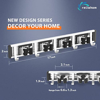 reliahom Broom Holder Wall Mount Mop Hanger Tools organizer 4Racks 5Hooks | Adjustable Mop Broom Wall Hanging Heavy duty Tools Storage Rack Space-saving for Garage,Kitchen,Laundry Room,Garden, Black - color: Black