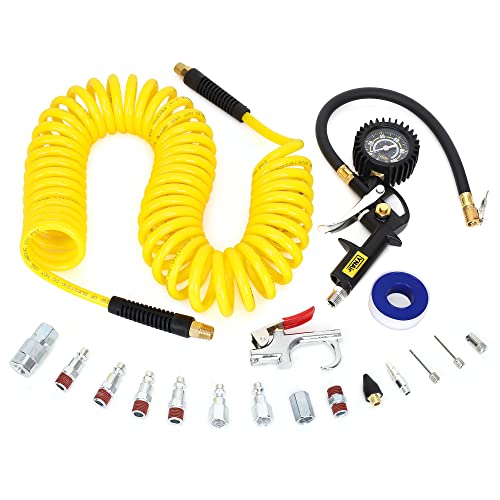 18 Pieces Air Compressor Accessories kit, 1/4 in x 25 ft Recoil Poly Air Compressor Hose Kit, 1/4" NPT Quick Connect Air Fittings, 100 PSI Tire Inflator Gauge, Blow Gun, Couplers and Plugs