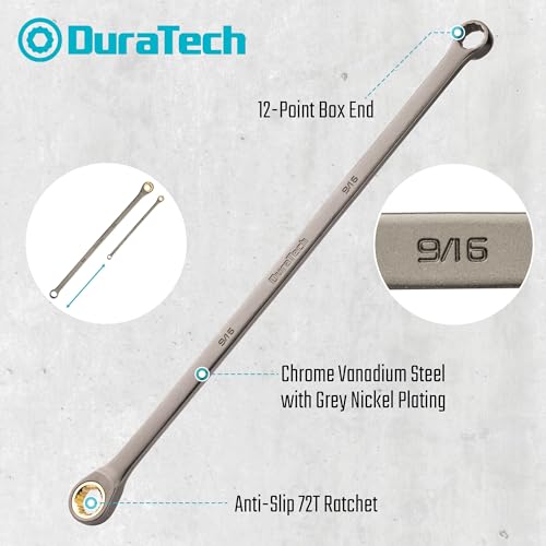 DURATECH Extra Long Anti-Slip Ratcheting Wrench Set, 9-Piece, SAE | Double Box End, 5/16", 11/32", 3/8", 7/16", 1/2", 9/16", 5/8", 11/16", 3/4", CR-V Steel, Rolling Pouch Included