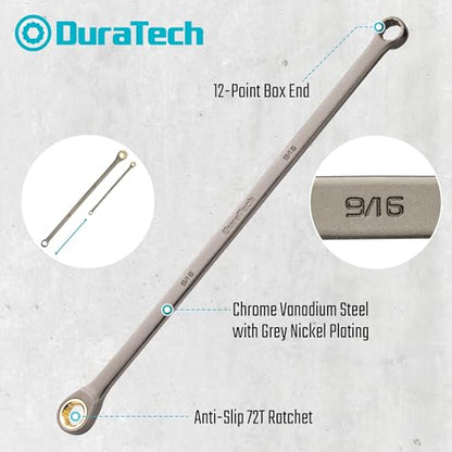 DURATECH Extra Long Anti-Slip Ratcheting Wrench Set, 9-Piece, SAE | Double Box End, 5/16", 11/32", 3/8", 7/16", 1/2", 9/16", 5/8", 11/16", 3/4", CR-V Steel, Rolling Pouch Included