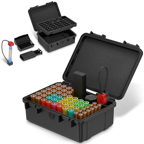 Hard Shell Battery Organizer Holder with Small Battery Tester, IP68 Waterproof Multi 82 Slots Batteries Vault Case for 40 AA & 12 AAA & 12 CR2032 CR2025 & 18 LR44 Button Cell/2 D Size Batteries Case - size: (1 PACK)Battery Organizer for AA AAA CR2032 & Mo