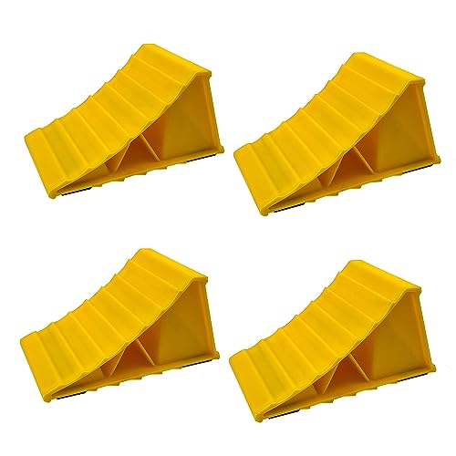HOXWELL 2 Pairs Wheel Chocks for Travel Trailers, Non Slip Heavy Duty Yellow Wheel Chock, Lightweight Wheel Stoppers for Cars Camper Trucks RVs, Easy to Carry & Suitable for Most Tyre Sizes
