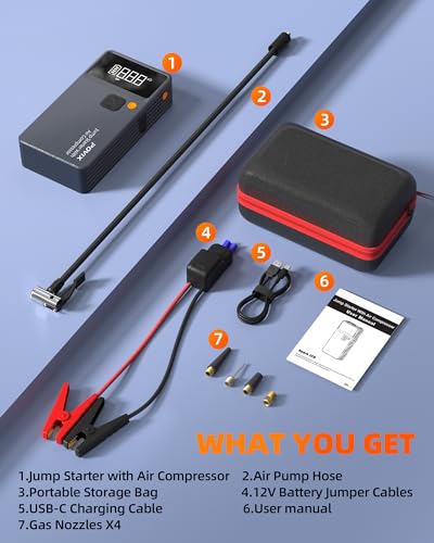 Car Battery Jump Starter with Air Compressor,8000mAh Battery Jump Box with Tire Inflator,Jump Booster with Smart Jumper Cables,LED Light Emergency Kits for Vehicles,Arrancador Ae Batería