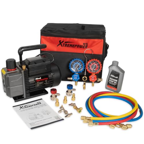 XtremepowerUS HVAC Vacuum Pump Manifold HVAC R134a, R12, R22, R410a, A/C Refrigeration R134, R134 Quick Connector AC Manifold Gauge Air Conditioner Oil Bottle w/Bag (3.5CFM) - size: 3.5CFM