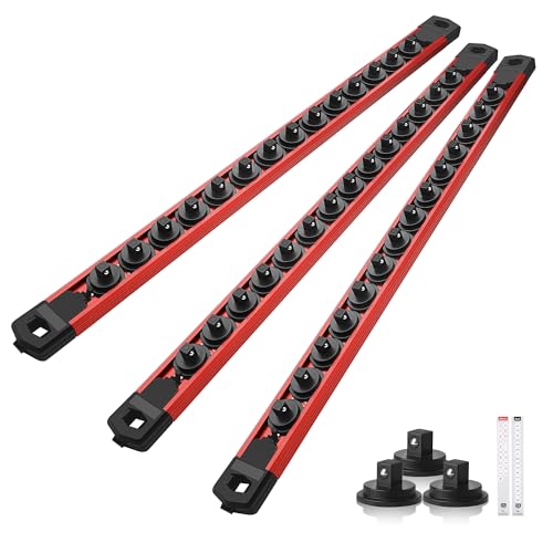 Reniteco Magnetic Socket Organizer Set, 3-Pack 1/4” Socket Rails | 42 Clips, Heavy-Duty Aluminum Alloy Rails, Removable 360° Swivel ABS Clips, Magnetic Base, Tool Box Drawer or Wall Mount - color: Red, size: 1/4-Inch Drive,3pc