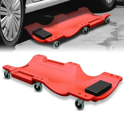 Low Profile 40" Rolling Mechanic Creeper with Padded Headrest and Tool Trays, 300 LBS Capacity, Under Car Roller Creeper with 6 Swivel Casters, Red