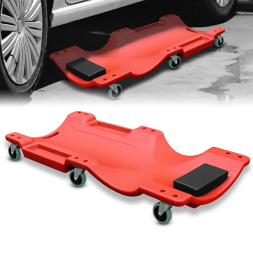 Low Profile 40" Rolling Mechanic Creeper with Padded Headrest and Tool Trays, 300 LBS Capacity, Under Car Roller Creeper with 6 Swivel Casters, Red