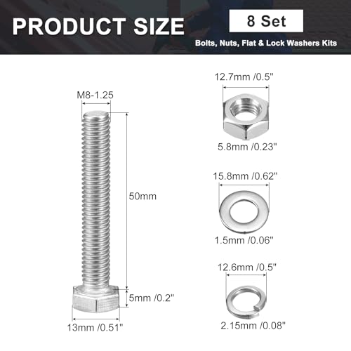 uxcell M8 x 50mm Hex Head Screws Bolts, Nuts, Flat & Lock Washers Kits, 304 Stainless Steel Fully Thread Hexagon Bolts 8 Sets - size: M8 x 50mm