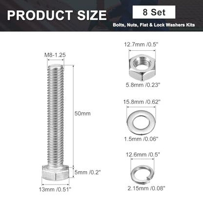 uxcell M8 x 50mm Hex Head Screws Bolts, Nuts, Flat & Lock Washers Kits, 304 Stainless Steel Fully Thread Hexagon Bolts 8 Sets - size: M8 x 50mm