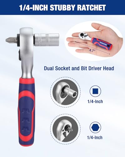 WORKPRO 42 PCS 1/4" Drive Mini Socket Ratchet Wrench Set | Dual Socket & Bit Head Ratchet, Metric Sockets 4-13mm, Quick-Release Bit Holder, Storage Case - style: Dual-Head Ratchet Accessory-Rich Set