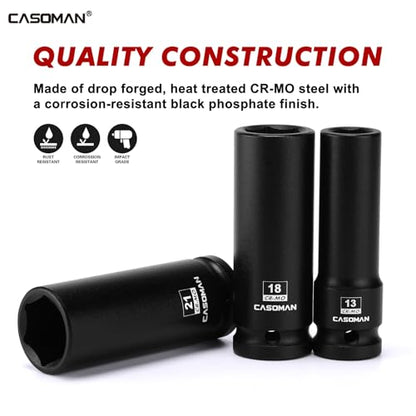 CASOMAN 14PCS 1/2" Drive Deep Impact Socket Set, Metric, 6-Point, CR-MO, 10mm to 32mm, for Auto Repair, Mechanic, with Portable Case, Easy-to-Read Size Markings, Rugged Construction - size: 10mm to 32mm