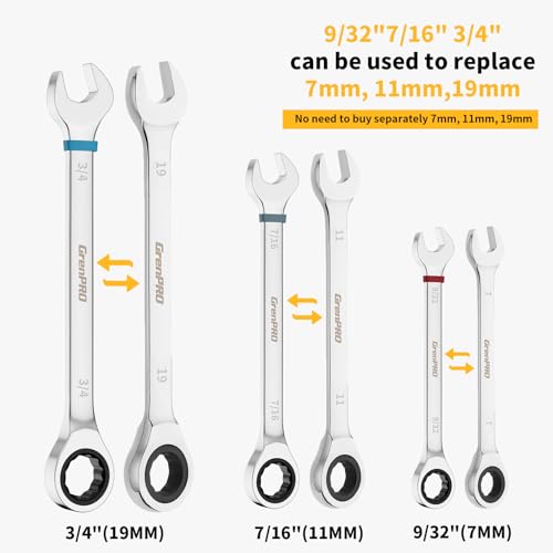GRENPRO Ratcheting Wrench Set, 23PCS Combination Wrench Sets, Wrench Set Metric and Standard & SAE, 6-18mm & 1/4" to 3/4" with Color Ring, Ratchet Set With Roll Up Pouch, CRV Socket Mechanic Tool Sets - style: 23PCS Ratcheting Wrench Set Metric&SAE With C