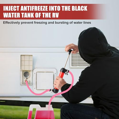 RV Antifreeze Siphon Hand Pump Kit, Liquid Transfer Pump with Two 1 Metre Clear PVC Hoses for Petrol, Oil and Fluids, Fuel Siphon Pumps with 2 Clamps, Camper, Boat Winterization Accessories