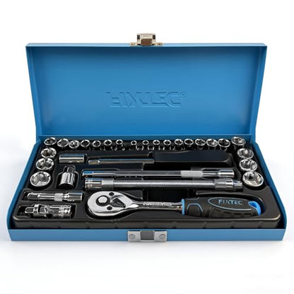 FIXTEC 31 Piece 1/4-Inch Drive Socket Ratchet Wrench Set, SEA and Metric Mechanics Tool Set with Quick Ratchet Handle (72-Tooth), Screwdriver Bit Set, Extension Bars, Universal Joint & Adapter