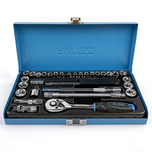 FIXTEC 31 Piece 1/4-Inch Drive Socket Ratchet Wrench Set, SEA and Metric Mechanics Tool Set with Quick Ratchet Handle (72-Tooth), Screwdriver Bit Set, Extension Bars, Universal Joint & Adapter