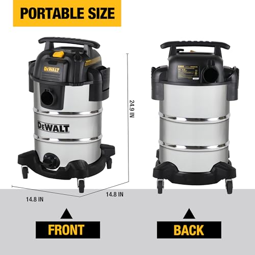 DEWALT DXV08S 8 Gallon 4 Peak HP Shop Vacuum Wet and Dry with Blower | Heavy Duty Shop Vac, 10ft Cord, 7ft x 1-7/8" Hose, 9 Accessories, Stainless Steel Tank, for Jobsite, Workbench and Garage