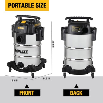 DEWALT DXV08S 8 Gallon 4 Peak HP Shop Vacuum Wet and Dry with Blower | Heavy Duty Shop Vac, 10ft Cord, 7ft x 1-7/8" Hose, 9 Accessories, Stainless Steel Tank, for Jobsite, Workbench and Garage