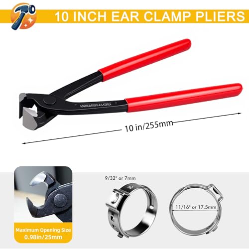 10 Inches Ear Clamp Pliers,Hose Clamp Crimping Tool,Carbon Steel Crimper Tool for Install Remove,Pincer Crimper Tool for Pipe Hose Clamps with 10pcs 1/2"304 Stainless Steel Hose Crimp
