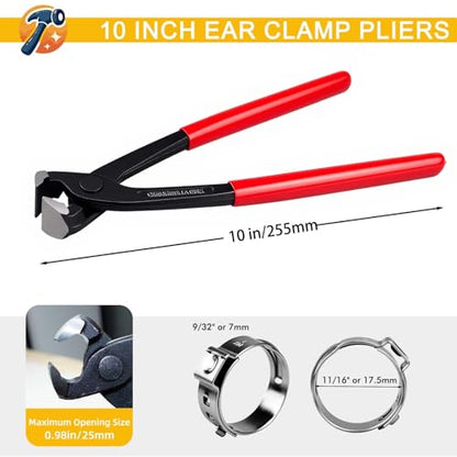 10 Inches Ear Clamp Pliers,Hose Clamp Crimping Tool,Carbon Steel Crimper Tool for Install Remove,Pincer Crimper Tool for Pipe Hose Clamps with 10pcs 1/2"304 Stainless Steel Hose Crimp