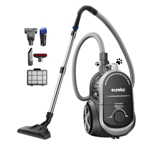 Eureka Bagless Canister Vacuum Cleaner, Vacuum for Hardwood Floor, Carpet | NEN180 WhirlWind, Lightweight, 1100W, ≤82 dBA. HEPA, Auto Cord Rewind, 2-in-1 Vac for Hard Floors, Carpets, & Pet Hair - color: Silver With Black