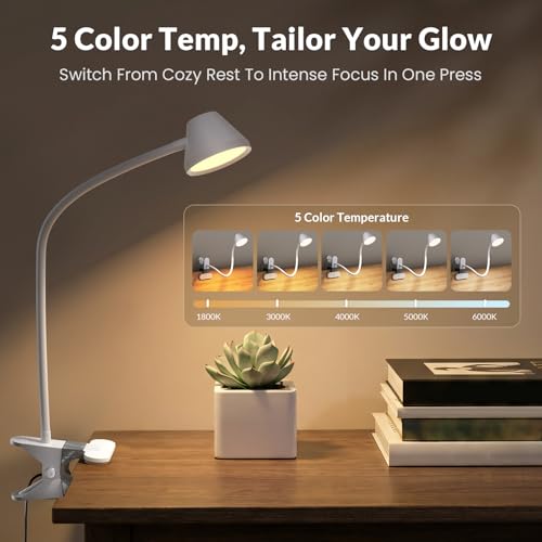 LEPOWER Clip on Light, Reading Lights for Books in Bed, 400LM, RG0 Eye-Care | 5 Colors & Stepless Dimming, Amber Glow Light & Auto Timer, Up to 2.3" Strong Clamp with Adapter for Headboard, Bedside, Desk - color: White