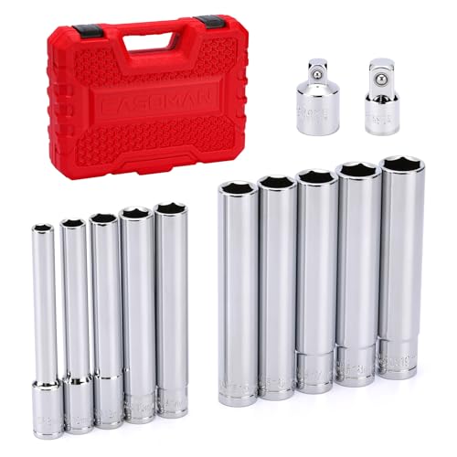 CASOMAN 12 PCS 3/8-Inch & 1/2-Inch Drive Extra Deep Socket Set with Storage Case, 6 Point, 8mm to 19mm, Metric, CR-V, Include Adapters