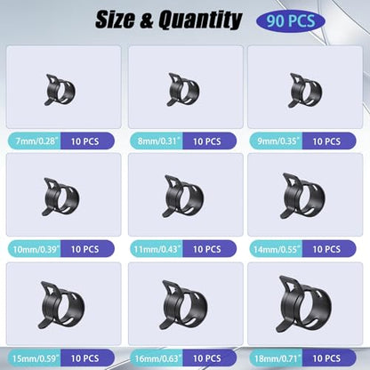 90Pcs 7-18mm Spring Hose Clamps Kit, Black Small spring Clamp, Constant Tension Steel Clamps for Automotive Fuel Lines, Silicone Vacuum Hoses, Low-Pressure Air Clips - size: 90 pcs