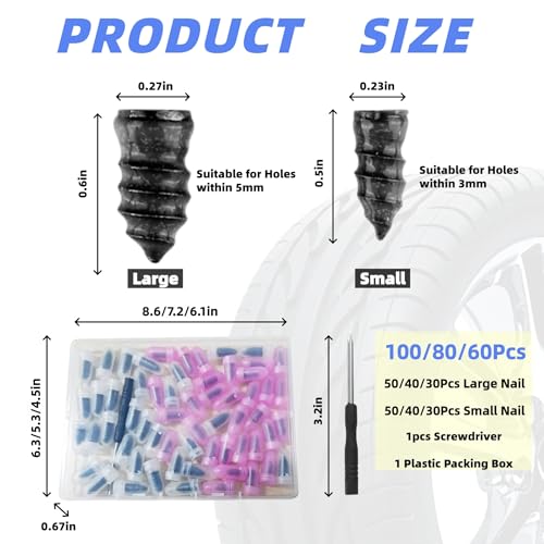 60PCS Tire Repair Nail Kit, 2026 Rubber Tire Repair Plugs, Quick Fix Tire Plugs for Truck, Car, Motorcycle, Tractor Tire Flat Tire Repair, Convenient, Durable Sealing for Most Tubeless Tires