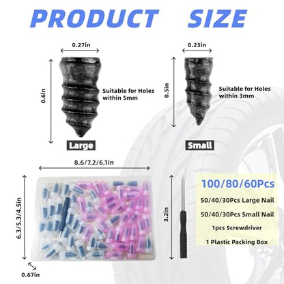 60PCS Tire Repair Nail Kit, 2026 Rubber Tire Repair Plugs, Quick Fix Tire Plugs for Truck, Car, Motorcycle, Tractor Tire Flat Tire Repair, Convenient, Durable Sealing for Most Tubeless Tires