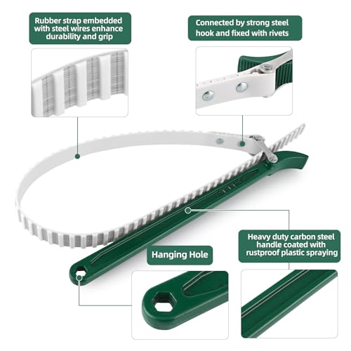 15" Belt Strap Wrench with Adjustable 36" Steel Wire Rubber Strap, Multipurpose Oil Filter Removal Tool