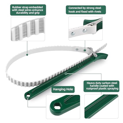 15" Belt Strap Wrench with Adjustable 36" Steel Wire Rubber Strap, Multipurpose Oil Filter Removal Tool