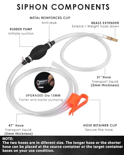 KATUMO 15MM Siphon Pump for Gas, Oil, Diesel, Water, Hand Fuel Pump | Faster Liquid Flow, Higher Transfer Efficiency, 2 Premium PVC Hoses, Thickened Durable Rubber Pump Bulb - color: Black