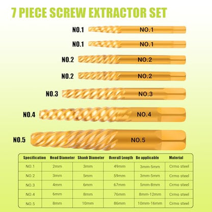 Damaged Screw Extractor Set, 7 Piece Easy Out Bolt Extractor for Easily Remove Broken Bolts, Stripped Screws, Studs - size: 7 Pieces
