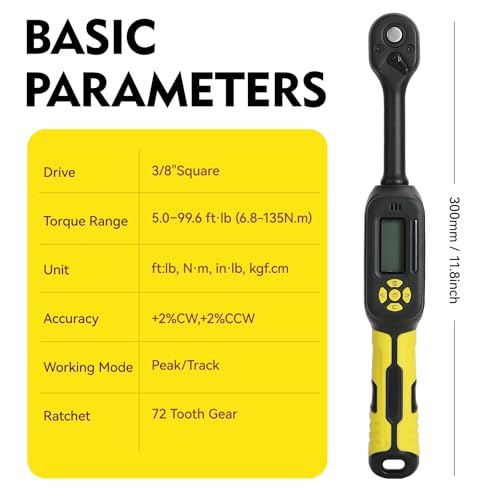 3/8 Torque Wrench Digital (5.02-99.6 Ft.Lb)±2% High accuracy Spark Plug Socket & Tire, Electric Torque Wrench Digital with Extension Bars, Buzzer and LED Flash Alert, for Bike/Moto/Auto Repair