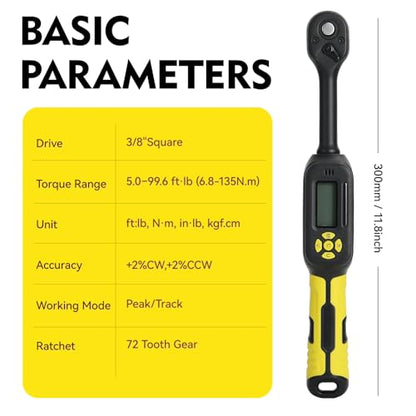 3/8 Torque Wrench Digital (5.02-99.6 Ft.Lb)±2% High accuracy Spark Plug Socket & Tire, Electric Torque Wrench Digital with Extension Bars, Buzzer and LED Flash Alert, for Bike/Moto/Auto Repair