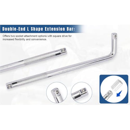 L Handle Breaker Bar 1/2 inch drive 12 inch length Socket Wrench, Heavy-Duty Double end drive Extension Bar for Car, Truck, Van Square Drive Socket Handle E-2211A - size: 1/2 inch 12