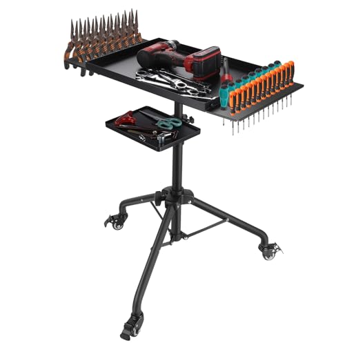 Rolling Tool Cart, Adjustable Mobile Work Table with 2 Tool Tray Holder Metal, Tool Table Rolling Utility Cart, 24-35 inch Portable Tray Storage Organizer Workbench for Garage Bike Work Shop