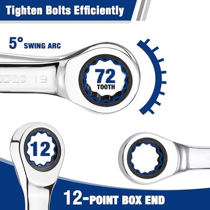 WORKPRO 12-piece Stubby Ratcheting Wrench Set, Metric 8-19mm, 72-Tooth, Cr-V Steel, Small Ratchet Combination Wrenches Set with Premium Storage Case