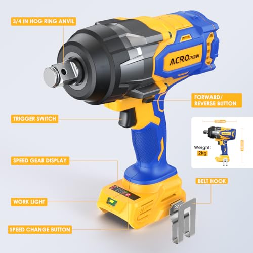 Cordless Impact Wrench 3/4" for DEWALT 20V Battery | High Torque 1850FT-LBS Brushless Impact Driver, Auto-Stop Reverse, Variable Speed, Heavy Duty Impact Gun (Bare Tool) - size: 1850 FT-LBS