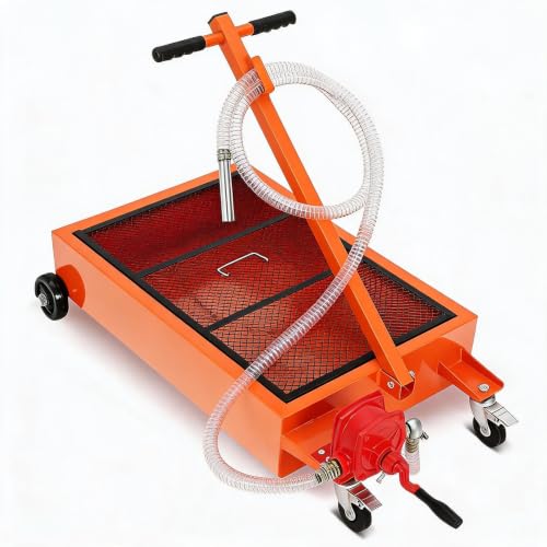 20 Gal Oil Drain Pan with Pump,Low Profile Rolling Oil Drain Cart with 8.2 ft Hose | with Manual Pump, Wheels & Folding Handle, Oil Drain Tank for Cars, SUVs, Trucks, Buses, RVs - color: Orange, size: 20 Gal with Manual Pump