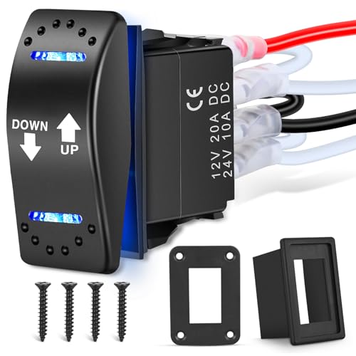 Nilight Down Up Polarity Reverse Blue LED Switch DPDT 20A 12V 24V 7PIN Momentary Rocker ON Off ON Toggle with Jumper Wires and Adaptor for Control Motor for Hoist Crane Linear Actuator - color: Down Up w/Holder Switch